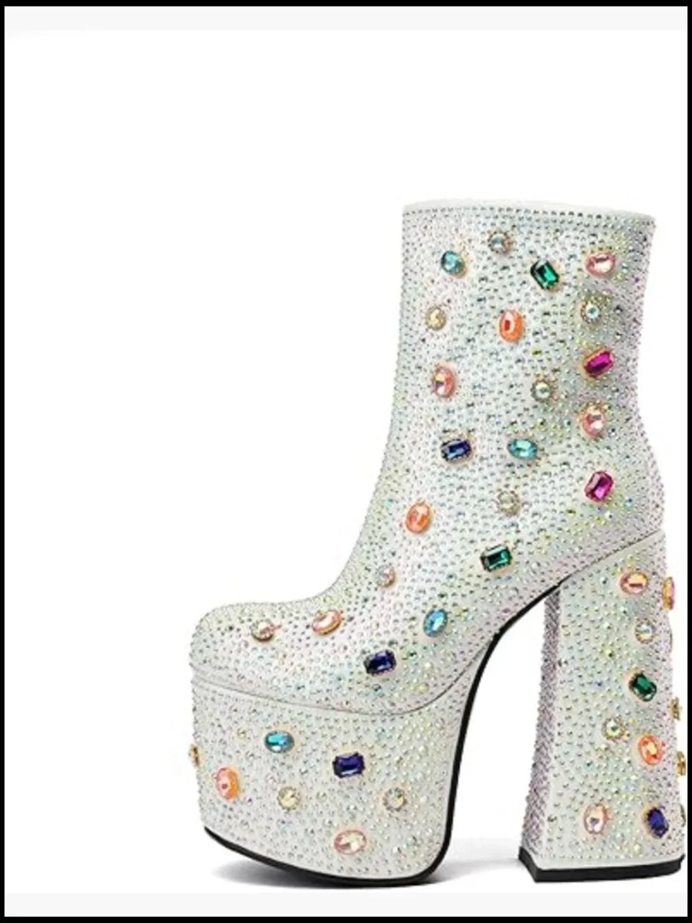 Embellished White Platform Ankle Booties with Multicolor Gems
